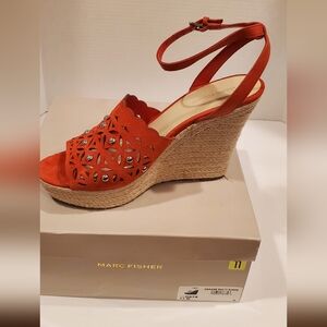Marc Fisher Size 11M HATA Orange Suede Wedge Sandals NEW